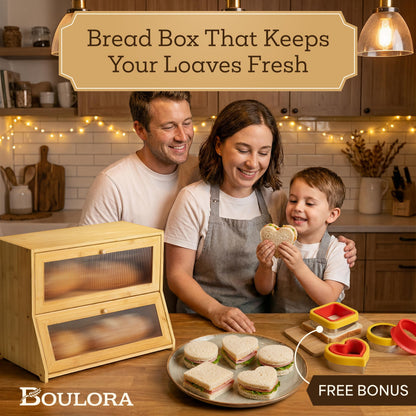 Boulora Large Bread Box for Kitchen Countertop - Bamboo Wooden Bread Box, Vintage Breadbox Countertop Cabinet, Double-Layer XL Sourdough Holder, Ventilated Clear Windows, Cutters & Sealers