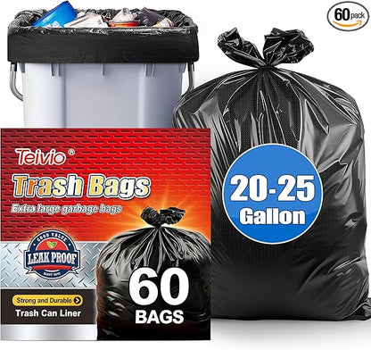 Teivio Black Trash Bags 20-25 Gallon 60 Count | Large Multipurpose | Fit 18