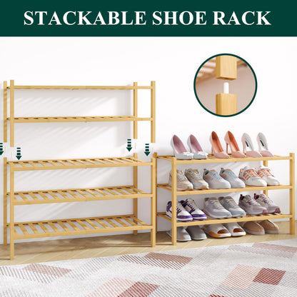 Smiry Bamboo Shoe Rack for Closet, 3 Tier Wooden Shoe Organizer, Stackable Wood Shoe Storage Shelf for Entryway, 14 Vertical Slats, One-piece Heavy-Duty Legs, 26.77"x11.02"x18.31", Natural