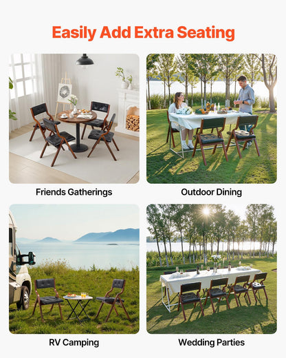 VEVOR Wooden Folding Chairs with Leather Cushion, Set of 2, Portable Foldable Cushion Chair with Wooden Frame, Easy Assembly, Modern Leather Padded Dining Chair for Office, Wedding, Party, Home, Black