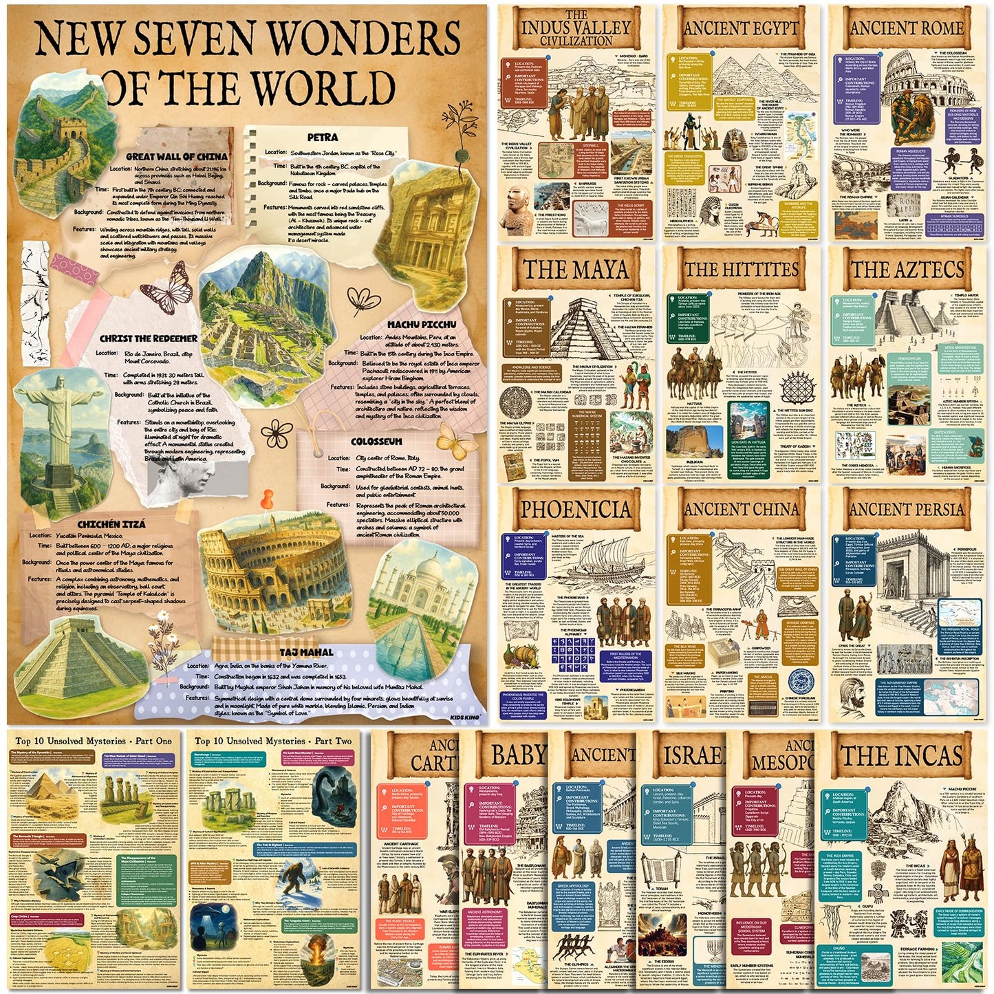 KIDS KING 18 Culture Posters for Classroom, 11x17in Laminated Educational Posters of Ancient Civilizations History, 7 Wonders of The World, Top 10 Unsolved Mysteries - School Hallways, Home Study Room