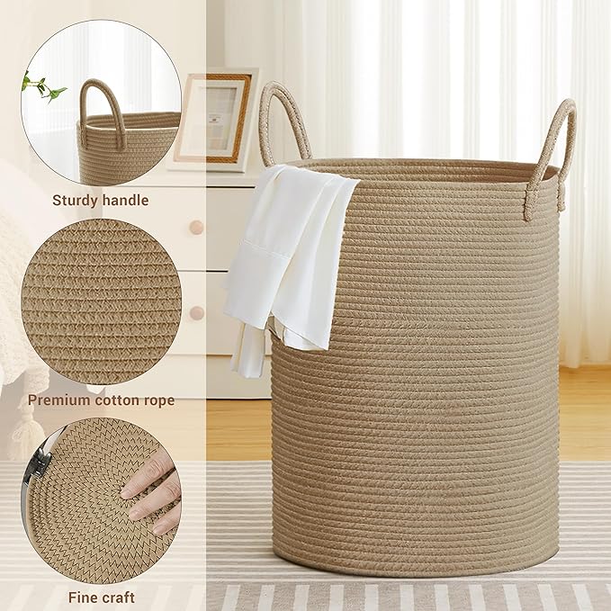 Tall Laundry Basket with Handles, 100L Portable Dirty Clothes Hamper, Boho