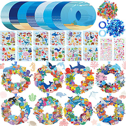 Hollowfly 48 Sets Summer Ocean Wreath Craft Kits DIY Under The Sea Wreath Hanging Ornaments Ocean Make Your Own Paper Craft with Stickers for Home Summer Sea Beach Party Favors Activities