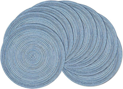 SHACOS Round Braided Placemats Set of 8 Circle Place Mats Cotton Polyester Kitchen Table Mats for Dining Table Wedding Party Decor (Blue Gray, 8)