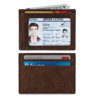 NKPT Thin RFID Leather Credit Card Holder Wallet for Men or Women | Small Slim Design, Brown