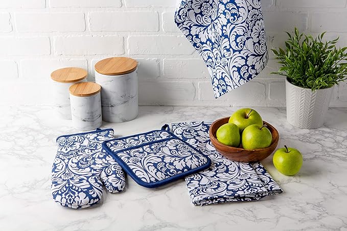 DII Cotton Dish Towel Set Damask Print, Nautical Blue