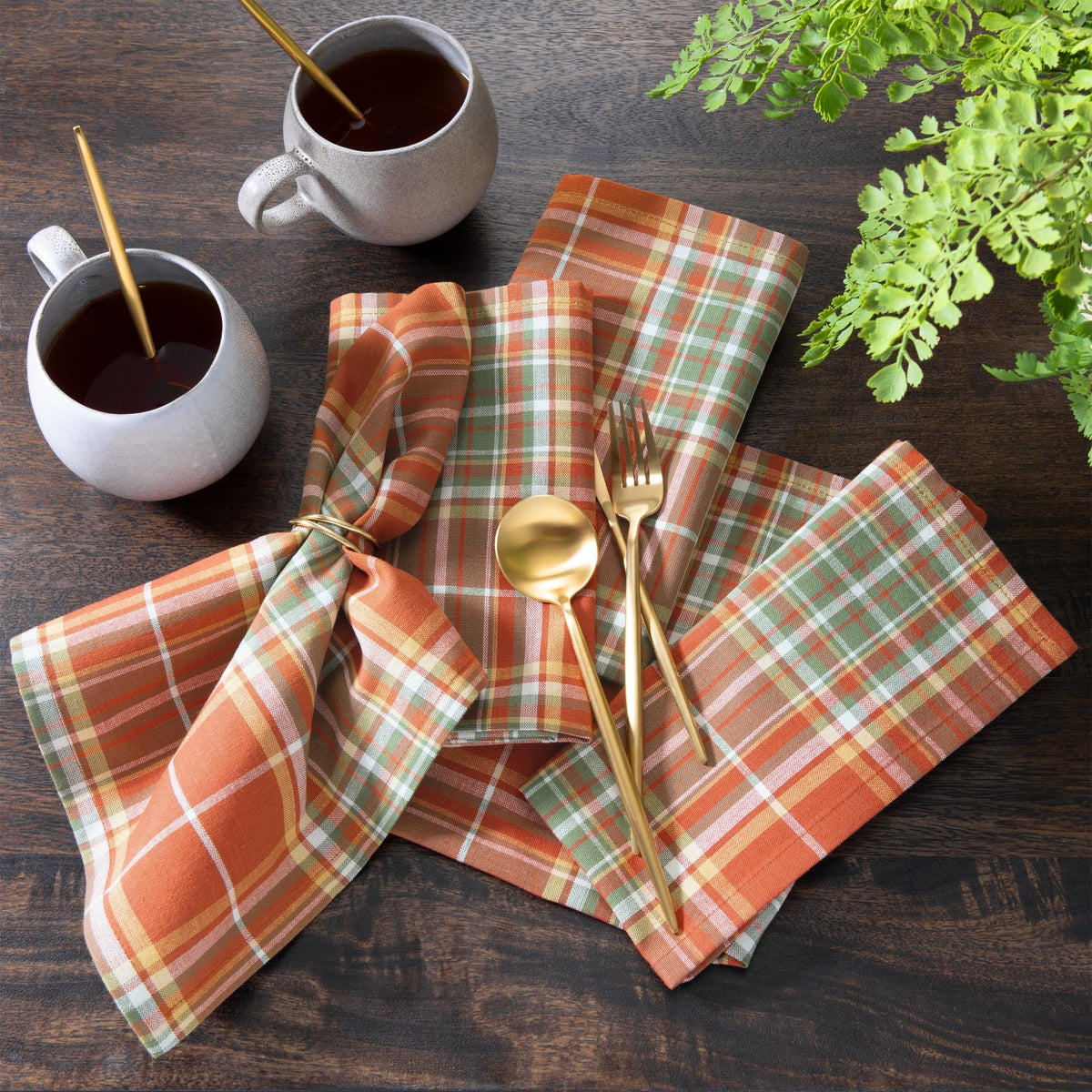 Elrene Home Fashions Hawley Plaid Fall/Harvest Thanksgiving Woven Cotton Dinner Napkins, 17"x17", Set of 8
