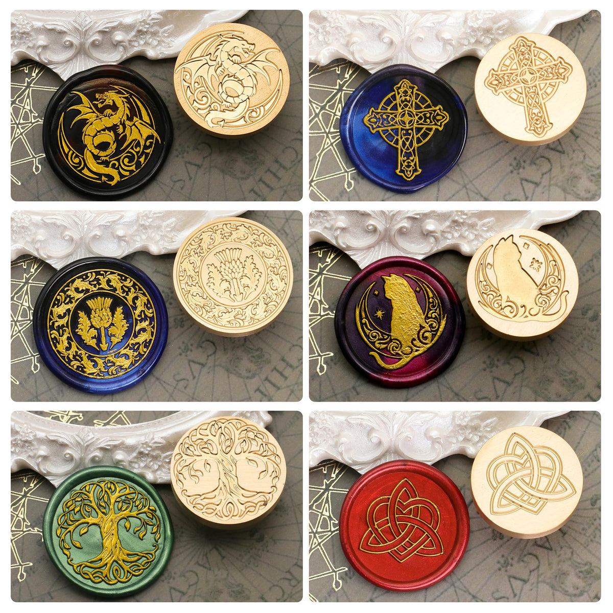 SWANGSA Celtic Wax Seal Stamp Gift Box Set, Vintage 6 Sealing Heads + 1 Wooden Hilt, Wax Stamp Kit for Party Invitations, Envelopes, Cards and Gift Packaging