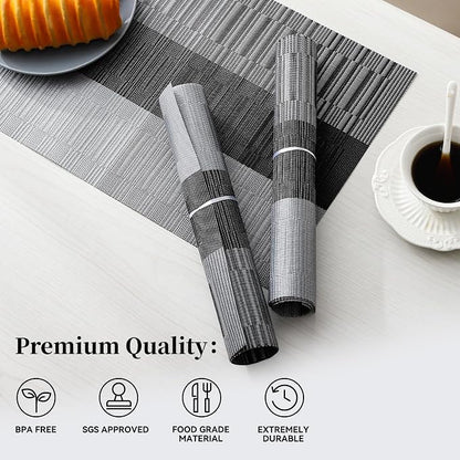 Leetaltree Grey with White Striped Placemats Set of 8 - Heat Resistant Non-Slip Place mats for Dining Table, Washable Durable PVC Vinyl Woven Table Mats（Grey Stripe, 8）