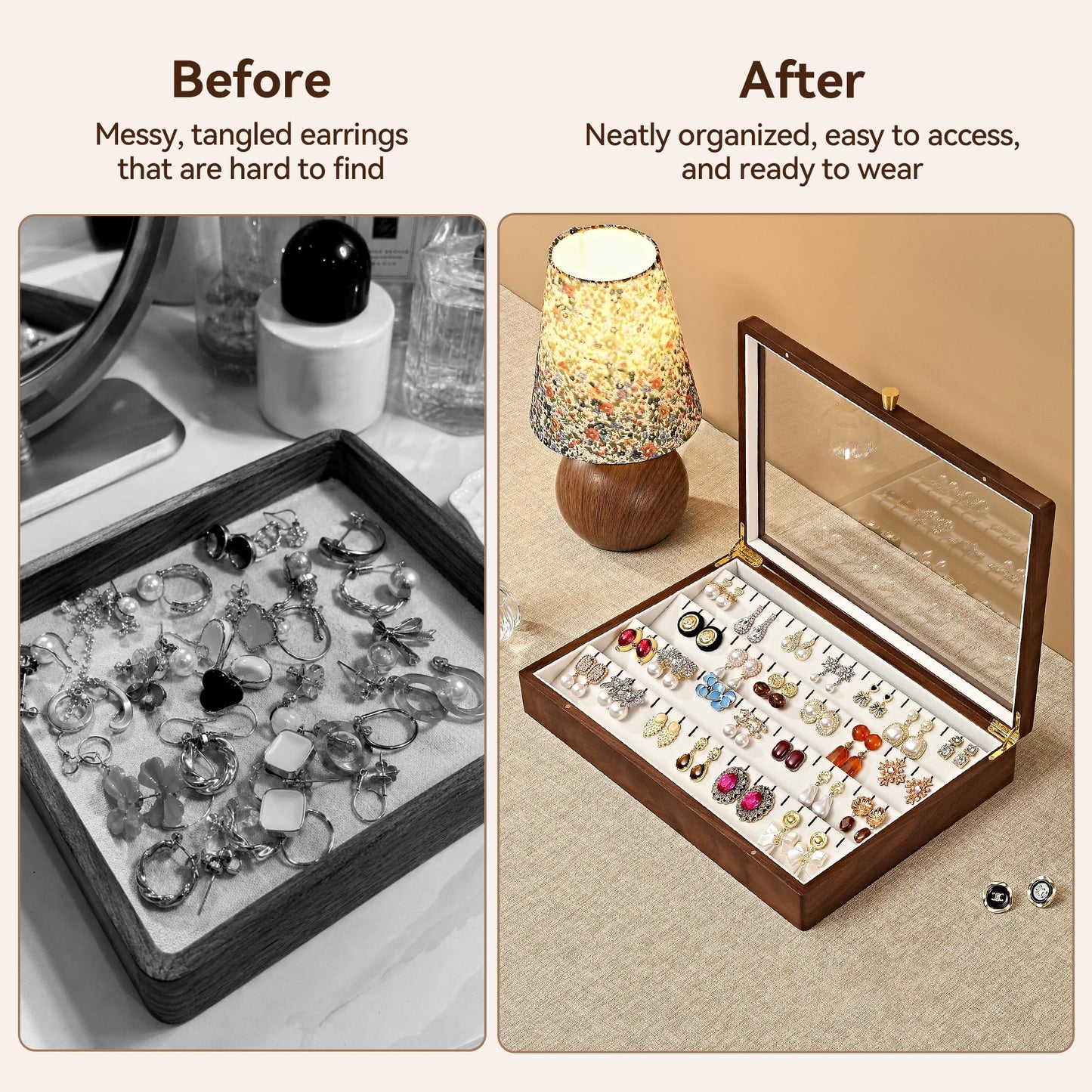 Vwixkuxx Black Walnut Wooden Earring Box, 40 Pairs Earrings Natural Solid Wood Jewelry Organizer Tray with Clear Glass Lid, Desktop Velvet Lined Holder Display Case for Women Girls Gifts for Mom.