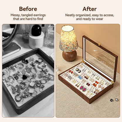 Vwixkuxx Black Walnut Wooden Earring Box, 40 Pairs Earrings Natural Solid Wood Jewelry Organizer Tray with Clear Glass Lid, Desktop Velvet Lined Holder Display Case for Women Girls Gifts for Mom.