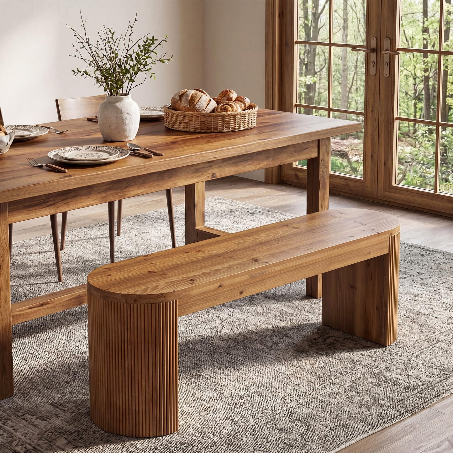 LITTLE TREE 55” Solid Wood Entryway Bench, Farmhouse Dining Bench with Fluted Legs & Half Round Curved Sides, Long Shoe Bench with Storage, Wooden End of Bed Bench for Bedroom, Dining Room