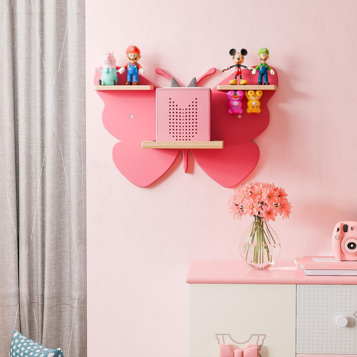 Eostbe Butterfly Tonie Shelf - Pink Magnetic Wooden Floating Shelf for 8-12 Tonie Figures, Cute Wall Mounted Kids' Tonie Storage