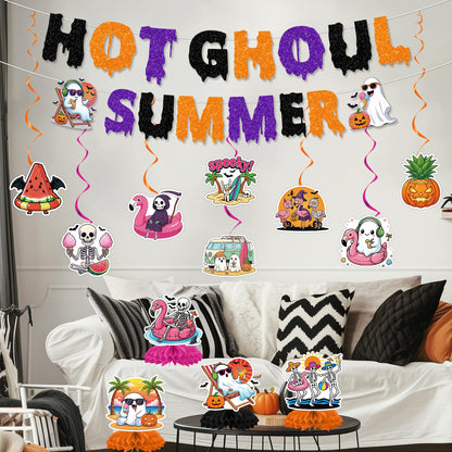RUBOAOA Summerween Party Decorations, 14 Pcs Hot Ghoul Summer Decor with Banner Hanging Swirl Honeycomb Centerpieces, Tropical Spooky Ghost Skeleton Halloween Decor for Summer Beach Pool Luau Birthday