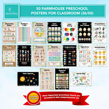 Decorably 50 Farmhouse Theme Kindergarten Posters for Homeschool, 11x17in Matte-Laminated Preschool Educational Toddler Learning Decor - Classrooms, Hallways, Bulletin Boards