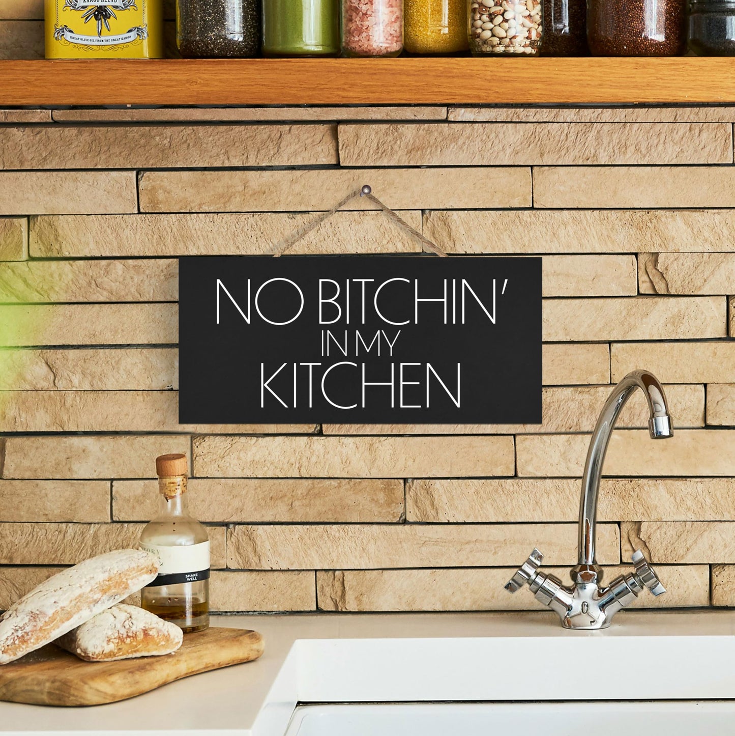 JennyGems Funny Kitchen Signs No Bitchin In My Kitchen - Modern Farmhouse Wall Art & Décor - Hanging Wooden Sign, Made in USA