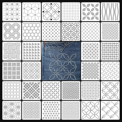 Eikovia 32-Piece Sashiko Stencil Kit, 5.1x5.1inch Reusable PET Plastic Templates for Embroidery & Quilting Patterns