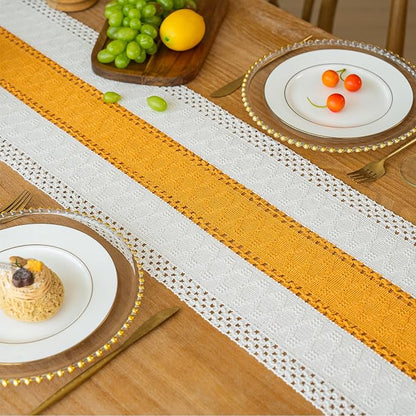 FEXIA Boho Table Runner for Summer Home Decor with Tassels 72 Inches Long Farmhouse Yellow Rustic Table Decoration Macrame Burlap Decor for Living Room Bridal Shower (12x72 Inches)