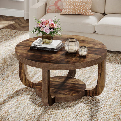 Tribesigns Round Coffee Table, 2-Tier Circle Coffee Table with Storage, Modern Wooden Accent Center Table for Living Room, Thick Tabletop & Base, Dark Brown