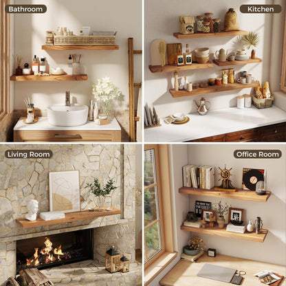RICHFOCUS 20inch Natural Floating Shelves for Wall, 8" Deep High End Solid Real Wood Wall Shelves for Bathroom, Rustic Wooden Floating Shelves with Invisible Brackets for Books Storage Decor, Set of 2