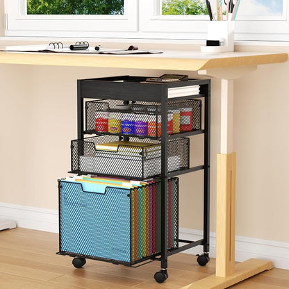 SWTYMIKI Rolling File Cart with Drawers - 4 Tier Under Desk Storage Craft Rolling Organizer Cart - Office Storage &Organization, Mobile Metal Filing Cabinet for Office and Home Black