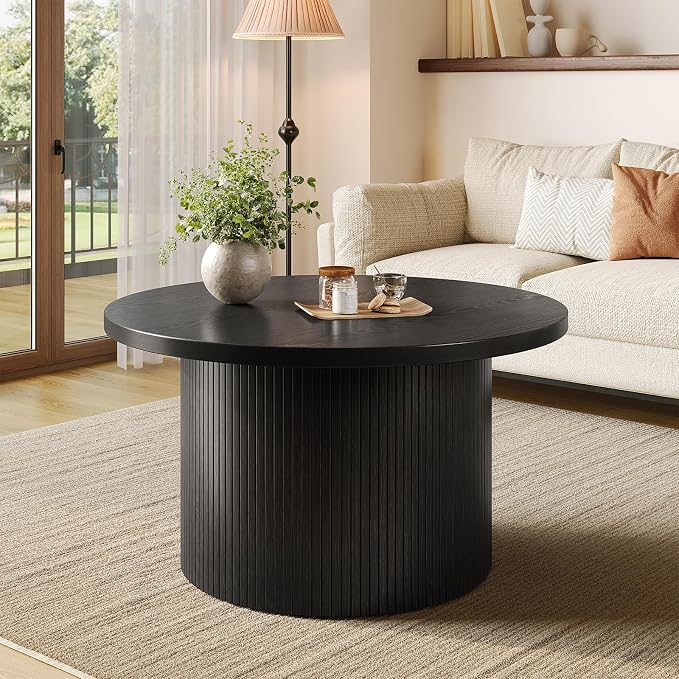 31.5" Round Coffee Table, Mid Century Modern Fluted Tambour Coffee Table, Engineered Wood Small Circle Center Table, Drum Accent Modern Living Room Table, Black