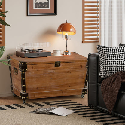 Vintiquewise Wooden Storage Trunk Bench with Wheels and Black Metal Accents Blanket & Linen Chest Decorative Organizer Entryway Seating Shoe Station or Bedroom Use for Pillows Throws & Extra Beddings