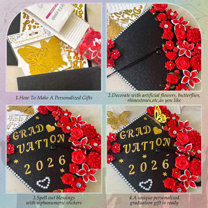 VISSTREE DIY Graduation Cap Decoration, 56 Pcs Cap Decorations for Graduation Kit 2026 DIY Grad Cap Graduation Gift with Red Paper Flowers 3D Glitter Butterfly Custom Number Letter Stickers Decor