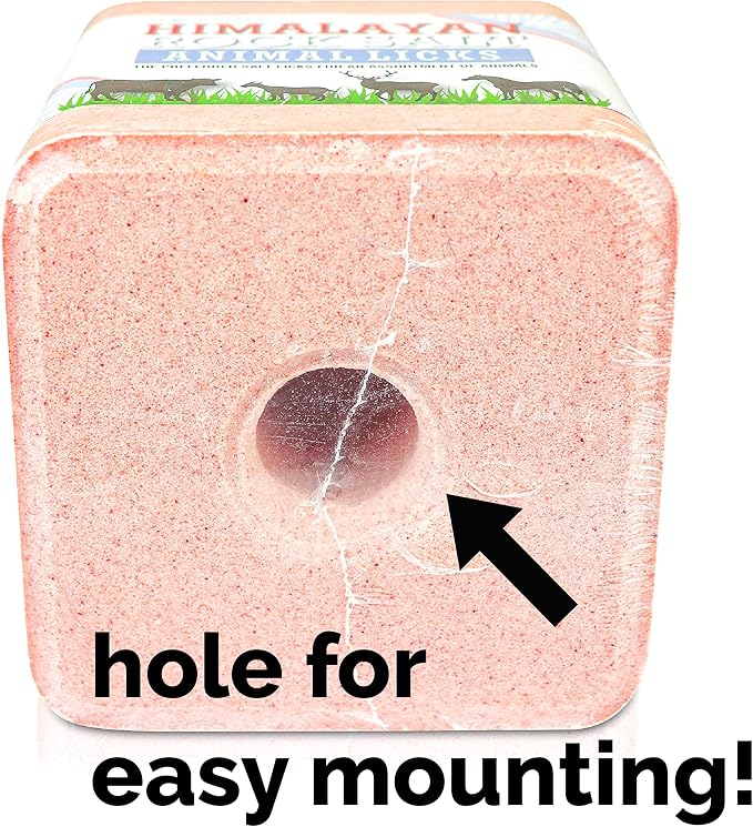 Salt Block for Deer & Horses – Compressed Mineral Salt Lick for Livestock, Cattle & Goats – Himalayan Secrets Pink Rock Salt Block (2.5LB/2KG, Block w/Mounting Hole)
