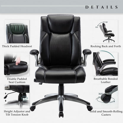 MALOL Executive Office Ergonomic Chair with Thick Bonded Leather, Flip-up Armrests, High Back Adjustable Height and Tilt for Working, Study, Gaming