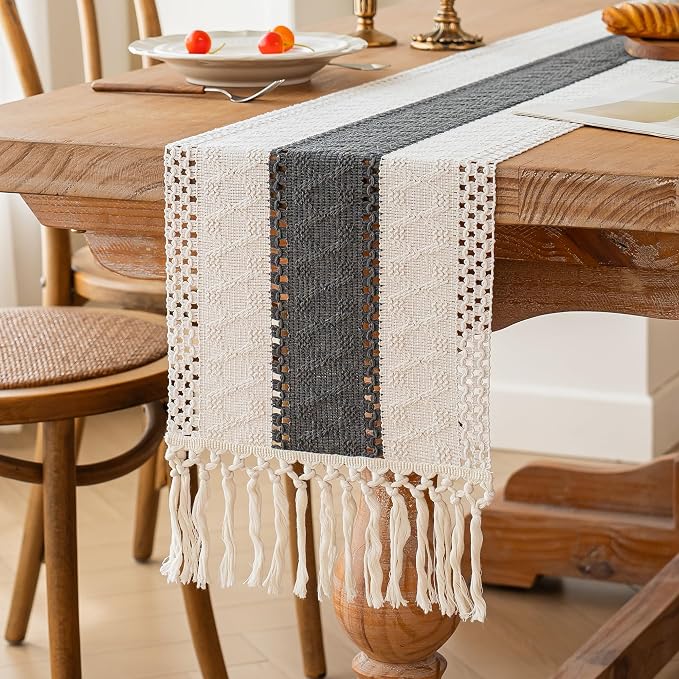 FEXIA Boho Table Runner for Summer Home Decor with Tassels 36 Inches Long Farmhouse Grey Rustic Burlap Table Runner Macrame Table Decoration for Kitchen Bedroom Living Room (12x36 Inches)