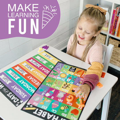 Hadley Designs 4 Alphabet, Months of the Year, Weather, Days of The Week Calendar For Kids, ABC Chart for Wall for Toddlers, Laminated Charts for PreK Classroom or Homeschool, Chalk Posters 11x17