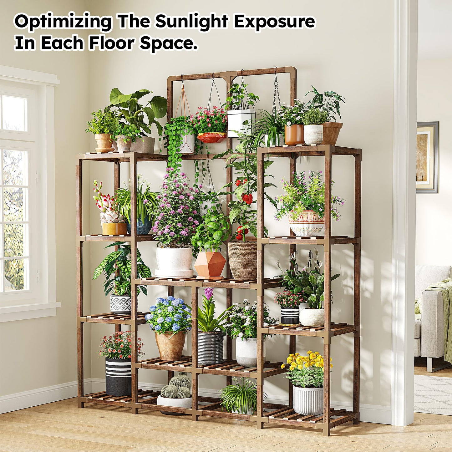 EnHomee Plant Stand Indoor Wood Plant Stand Outdoor Tiered Plant Shelf for Multiple 16-21 Potted Plants for Living Room Patio Balcony Yard Garden 44.9" W x 11.8" D x 62.2" H