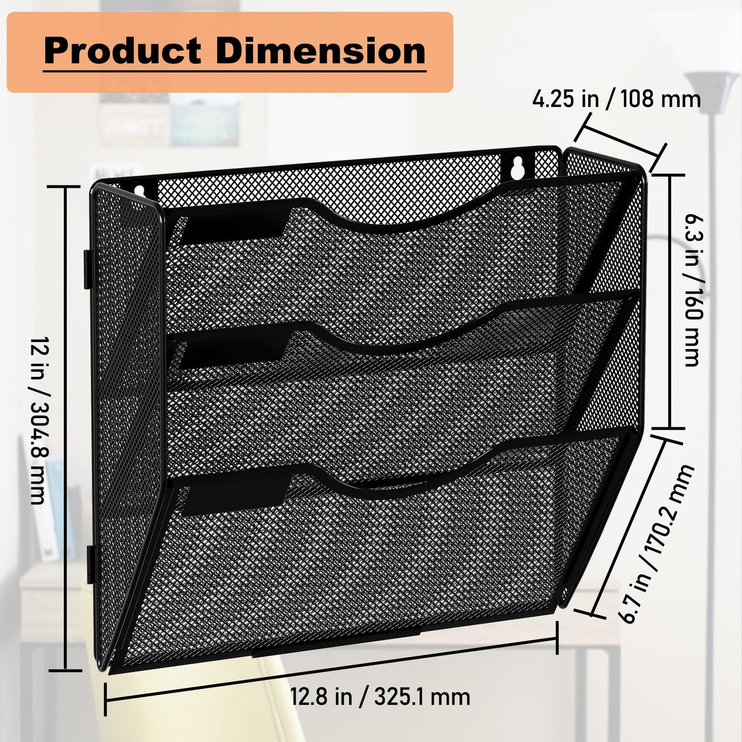 Senhoglb File Folder Organizer, 3-Tier Mesh Hanging Wall File Holder, Magazine Rack, Wall File Organizer With Pockets, Metal Document Organizer, Mail Organizer Wall Mounted for Office Home, Black