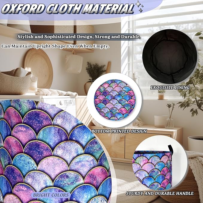 Colorful Mermaid Scales Laundry Basket Foldable Oxford Cloth Beautiful Fish