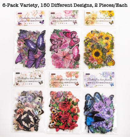 Knaid 300 Pieces Assorted Butterfly and Flower Stickers, Transparent Butterflies Floral Resin Decals Aesthetic Journaling Scrapbook Stickers for Card Making Bullet Junk Journal Planner Craft Supplies