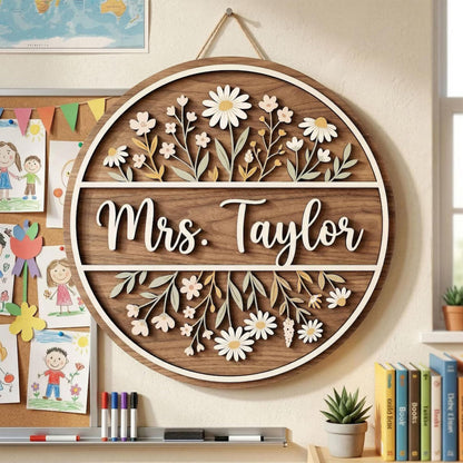 Personalized Teacher Door Sign with Name, Custom Classroom Door Hanger, Wooden 2-Layer Welcome Sign for Teachers, Back to School Classroom Decoration, First Day of School Teacher Appreciation Gift 12