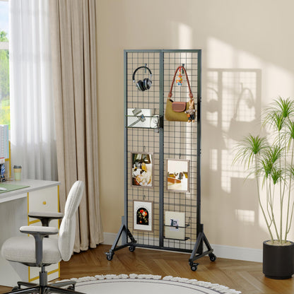 VAFEKOL Rolling Gridwall Display Stand, 65.6" H x 23.6" W Wire Mesh Rack with Wheels, Metal Display Grid for Art Shows, Craft Fairs, Retail Boutique & Home Storage, Black