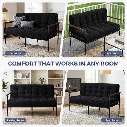 MAXYOYO Loveseat Sofa, Button Tufted Upholstered Small Couch for Living Room, Modern Love Seat Couches with Metal Frame & Wood Armrests for Bedroom Office, Easy to Install, Black