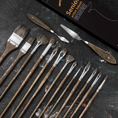 Oil Paint Brush Set, 15Pcs Fuumuui Professional Paint Blending Brushes Natural Badger Bristle with Flat, Fan, Angle, Round, Filbert for Acrylic Oil Painting with 2pc Palette Knife