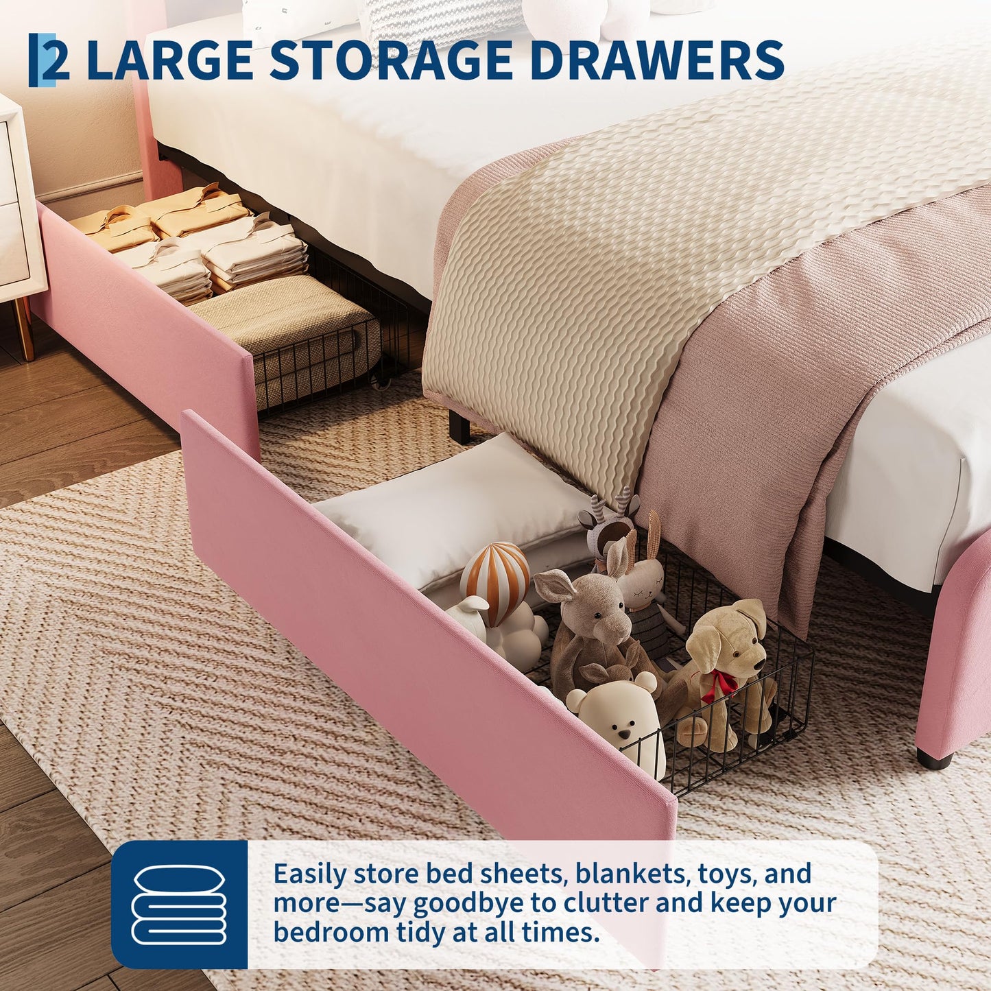 GarveeHome Twin LED Bed Frame, Kids Platform Bed with 2 Large Storage Drawers, Velvet Upholstered Princess Bed for Girls & Boys, Wooden Slats Support, No Box Spring Needed, Easy Assembly, Pink