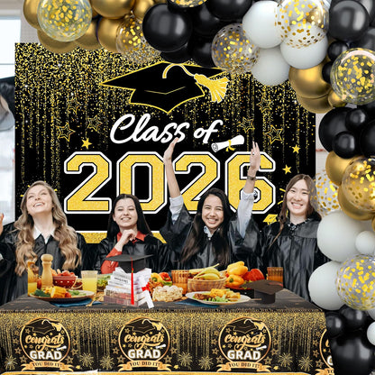 Graduation Decorations 2026, Black and Gold Balloon Garland Arch, Black and Gold Graduation Decorations with Congrats Grad Tablecloth and Class of 2026 Backdrop for High School College Grad Party