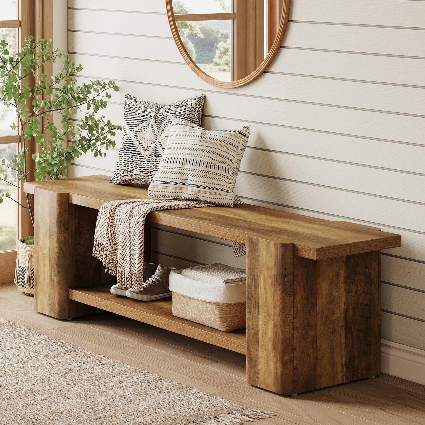 LITTLE TREE Wood Entryway Bench, 63" End of Bed Bench with Storage Shelf, Farmhouse Extra Long Shoe Bench for Entryway, Dining Room, Hallway, Living Room, Bedroom, Double-Reinforced Legs, Brown