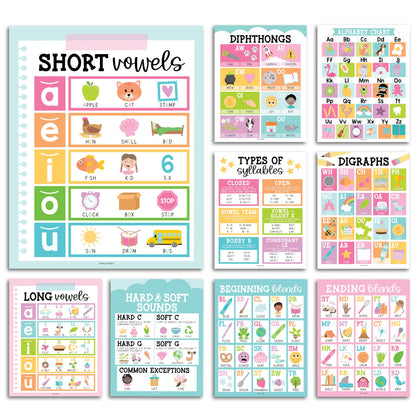 Hadley Designs Phonics Posters for Classroom Must Haves - 9 Sound Wall for Kindergarten & Elementary Teacher Supplies, Syllable, Vowels, Digraphs & Blends Bulletin Board Set, Pastel Classrom Decor