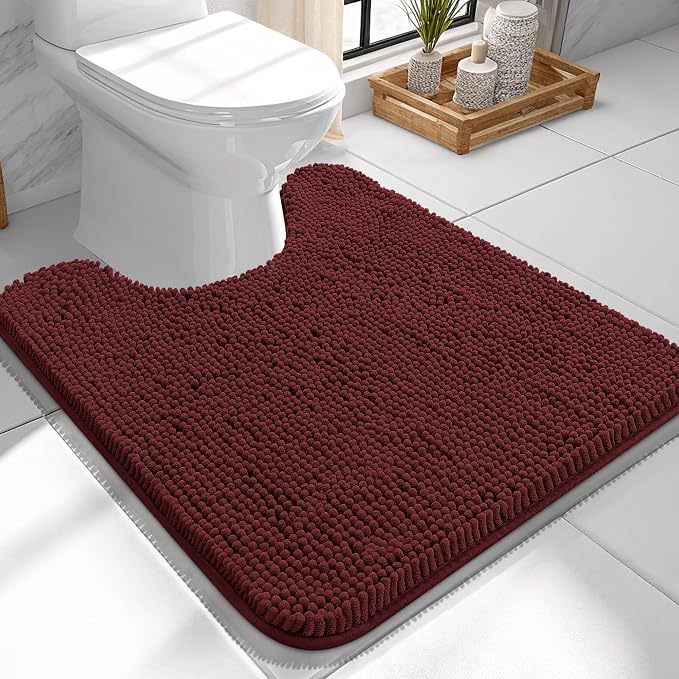 OLANLY Toilet Rugs U-Shaped 24x24, Extra Soft Absorbent Chenille Contour Bathroom Rugs for Toilet, Dry Quickly, Machine Washable, Non-Slip Bath Mat, Andorra Red-Brown