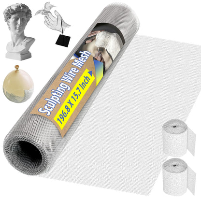 Sculpting Wire Mesh Roll 15.7 X 196.8 Inch, Aluminum Wire Mesh with 2 Rolls Plaster Cloth for for Art and Crafts Sculpture Projects, Moldable Sculpting Mesh for Sculpture Clay, DIY Home Decoration