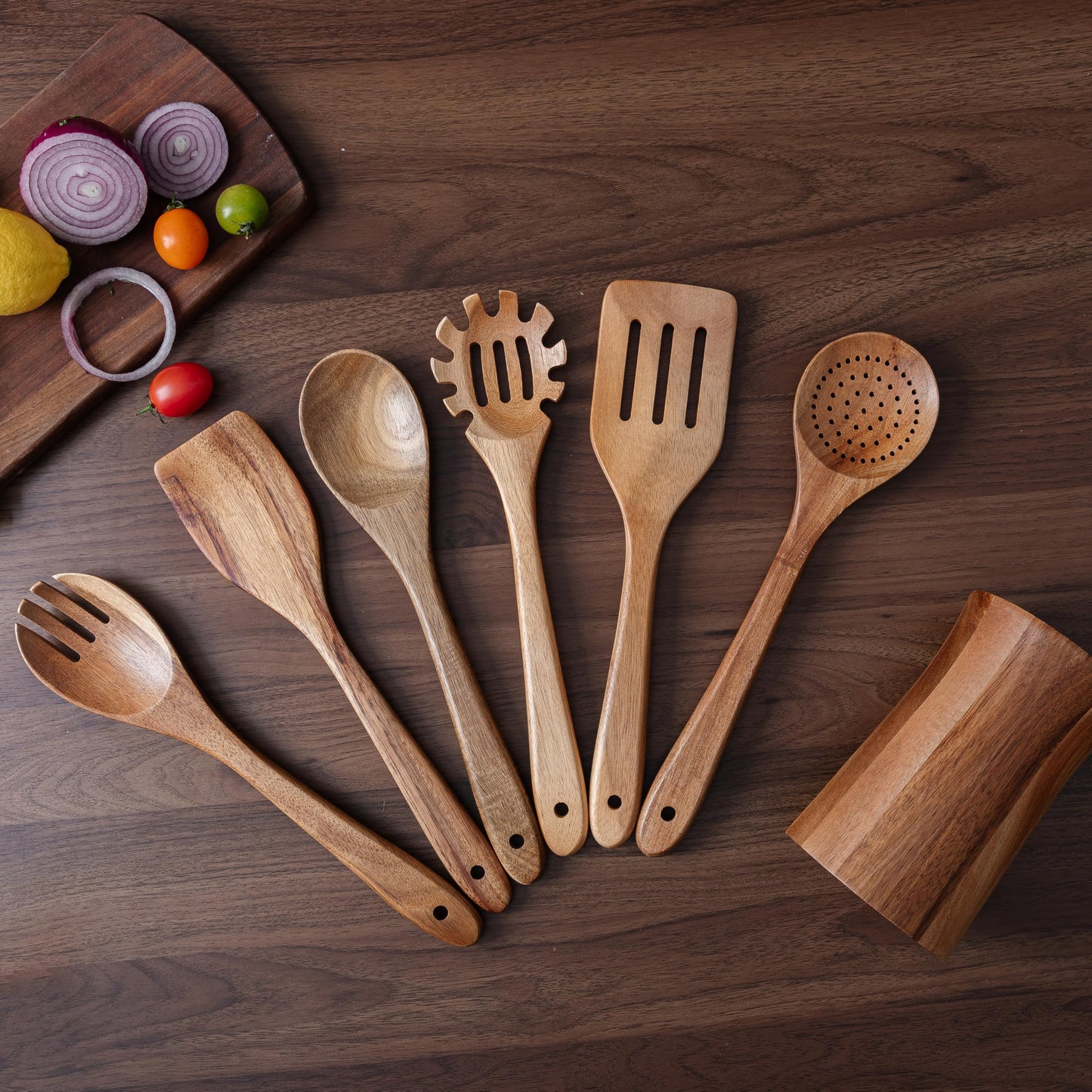 7 Piece Natural Acacia Wooden Kitchen Utensil Set with Holder - Wooden Spoons and fork for Cooking Comfort Grip Cooking Spoons, Spatulas, Strainer Spoon, Salad Fork, Mixing Spoon and Utensil Holder