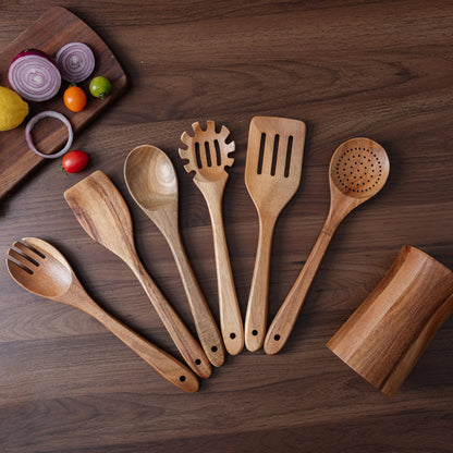 7 Piece Natural Acacia Wooden Kitchen Utensil Set with Holder - Wooden Spoons and fork for Cooking Comfort Grip Cooking Spoons, Spatulas, Strainer Spoon, Salad Fork, Mixing Spoon and Utensil Holder