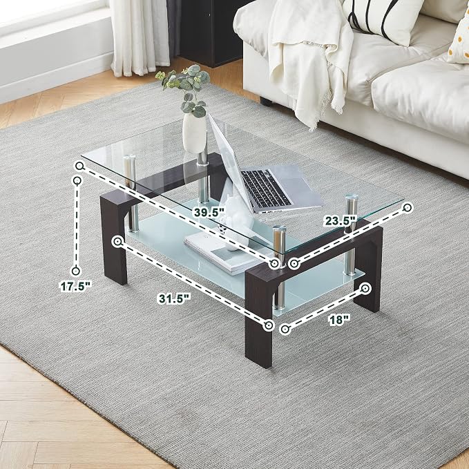 Btrpily Walnut Rectangular Coffee Table, 39.5in x 23.5in x 17.5in, Glass Tabletop with Lower Shelf, Adjustable Bottom Corners