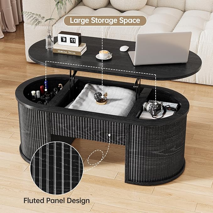 Fluted Lift Top Coffee Table with Storage, Oval Living Room Center Table with Hidden Compartment, Modern Mid-Century Wood Coffee Table for Small Spaces, Home Office, Living Room, Black
